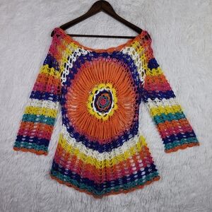 Womens M Rainbow Crochet Open Knit Long Sleeve Shirt Hippie Boho Festival Whimsy